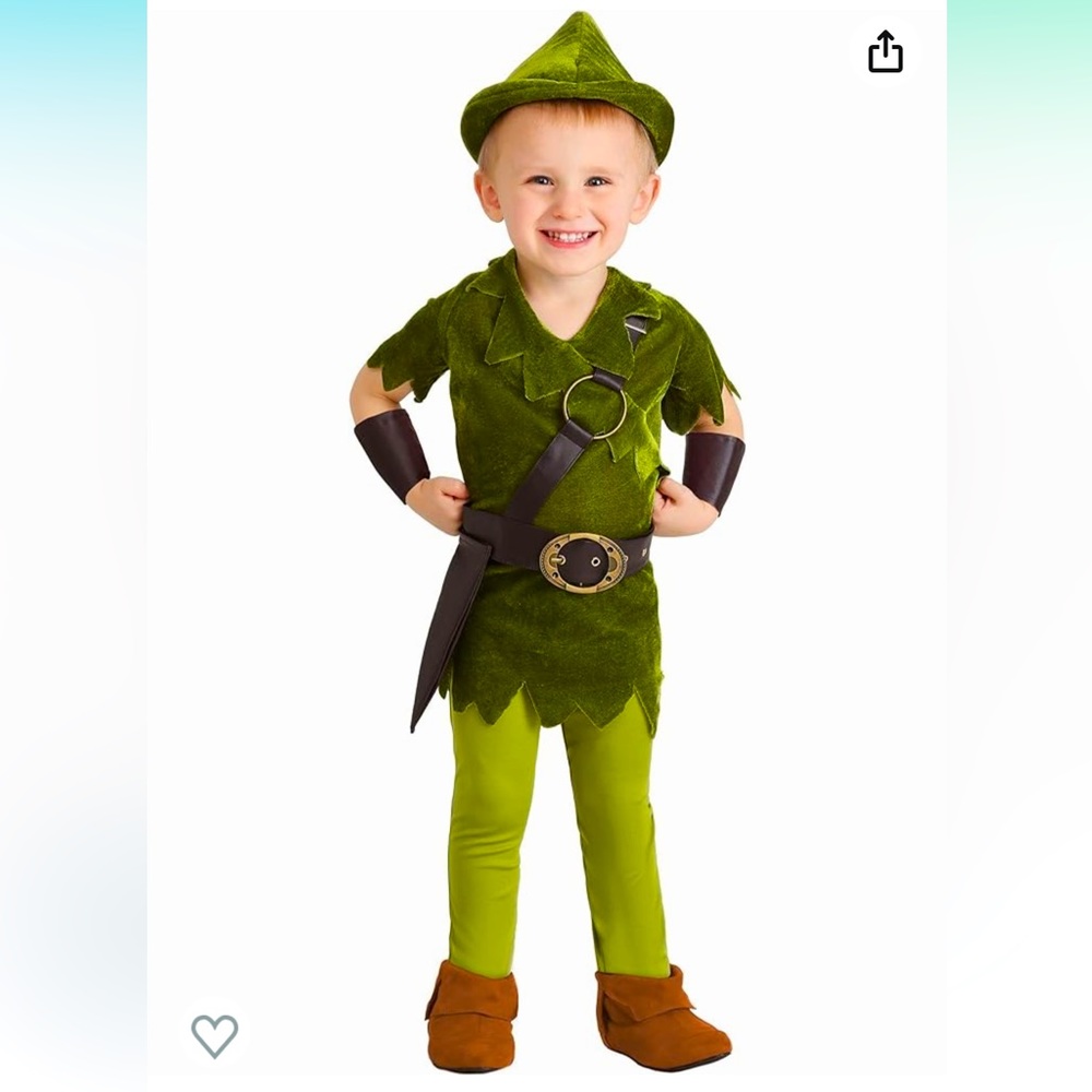 Toddler Peter Pan Costume with Hat, Shirt, Tights, Belt/Harness and Wrist Cuffs